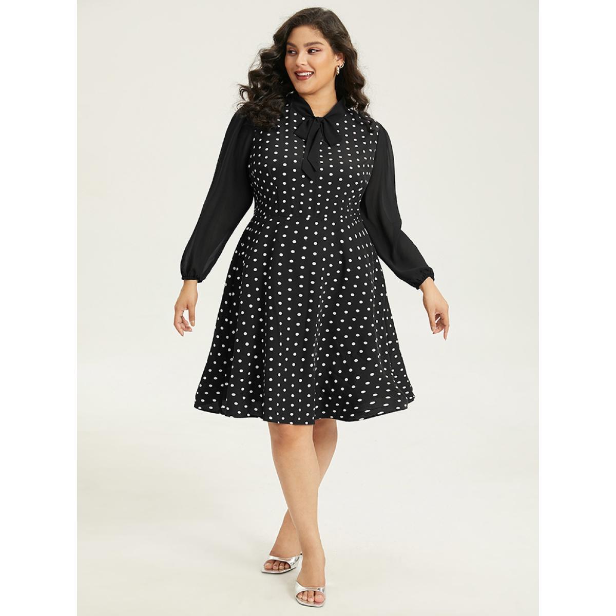 Plus Size Polka Dot Patchwork Knot Lantern Sleeve Dress Black Women Office Elastic cuffs Tie Neck Long Sleeve Curvy Midi Dress BloomChic 28/5X Product Image