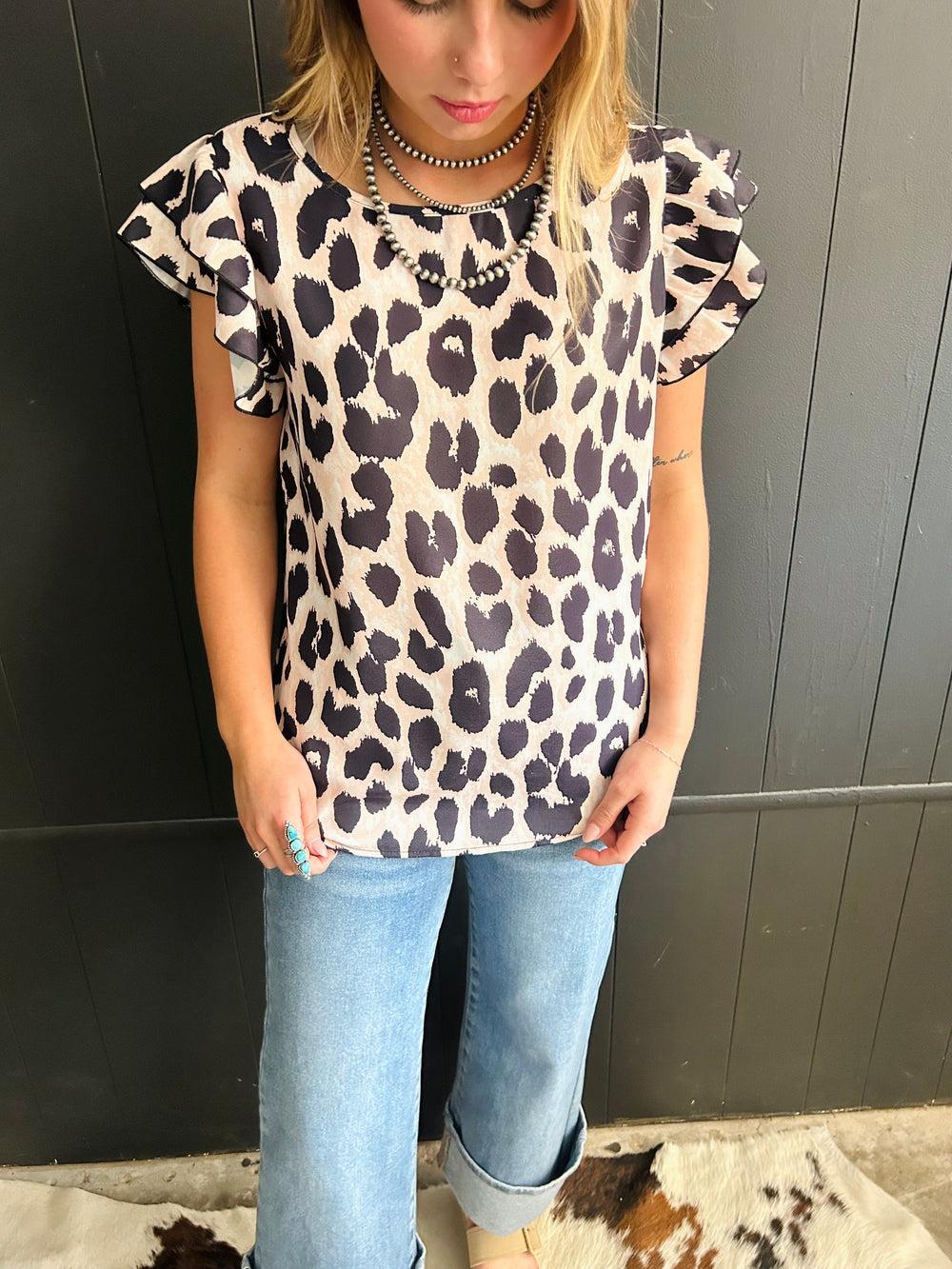 Khaki Leopard Ruffle Sleeve Top Product Image