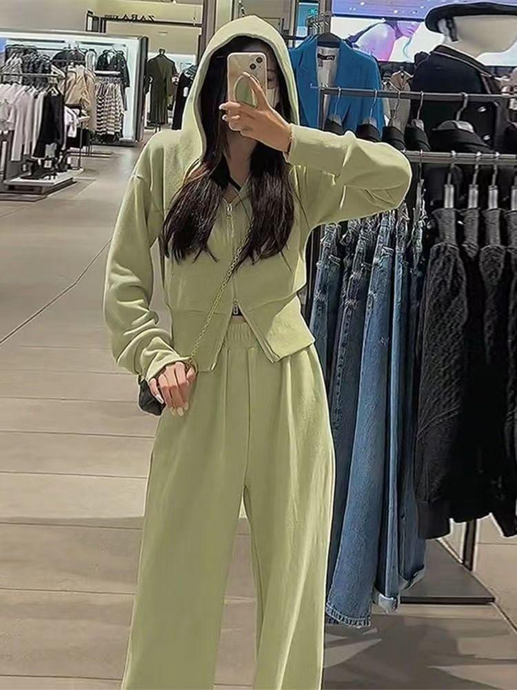 Set: Zip Hoodie + Drawstring Waist Wide Leg Sweatpants Product Image