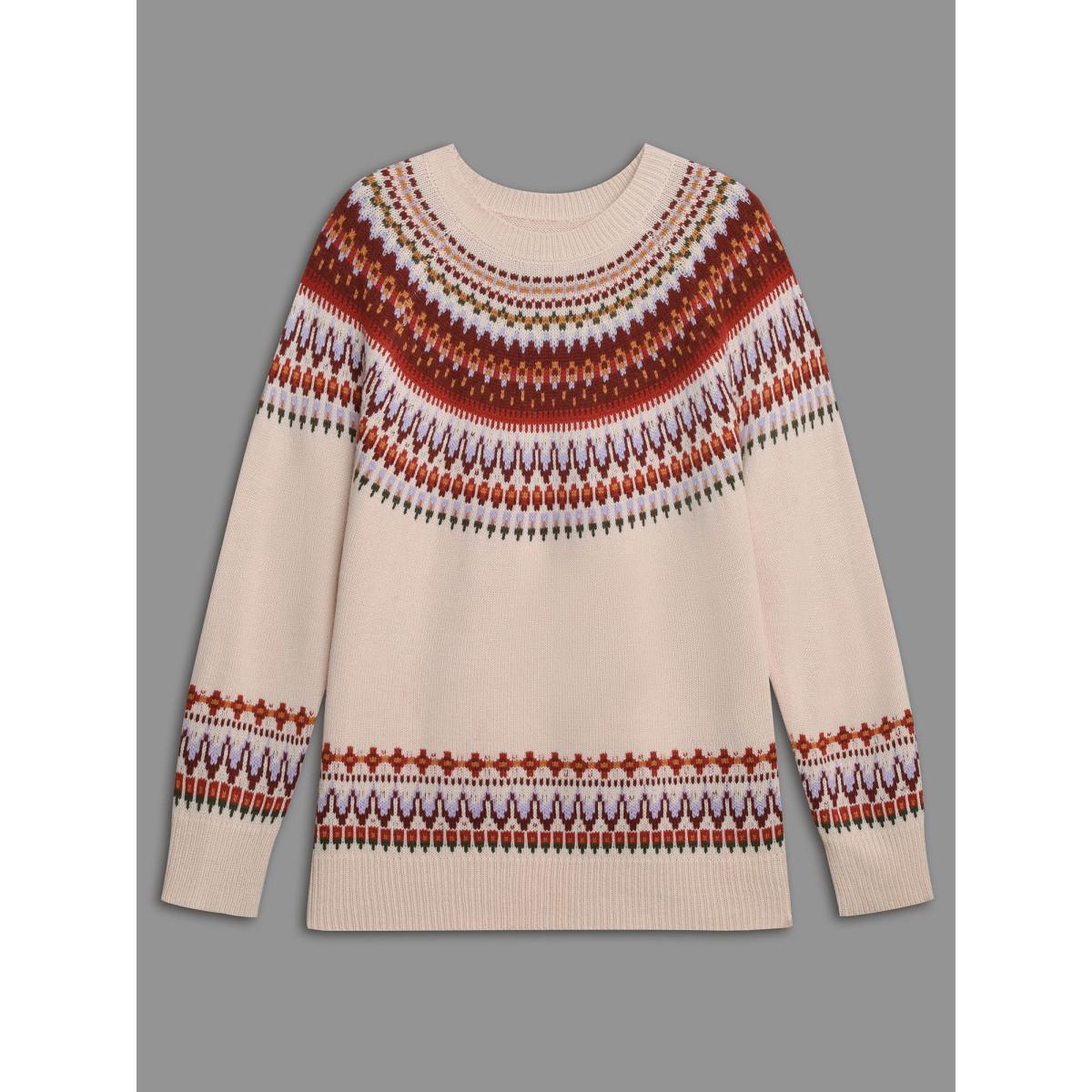 Plus Size Round Neck Bandana Color Contrast Pullover Apricot Women Casual Loose Long Sleeve Round Neck Everyday Pullovers BloomChic 18-20/2X Product Image