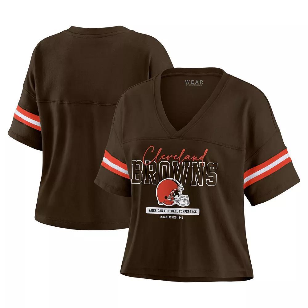 Women's WEAR by Erin Andrews Brown Cleveland Browns Color Block Boxy Modest Crop V-Neck T-Shirt, Size: Large Product Image