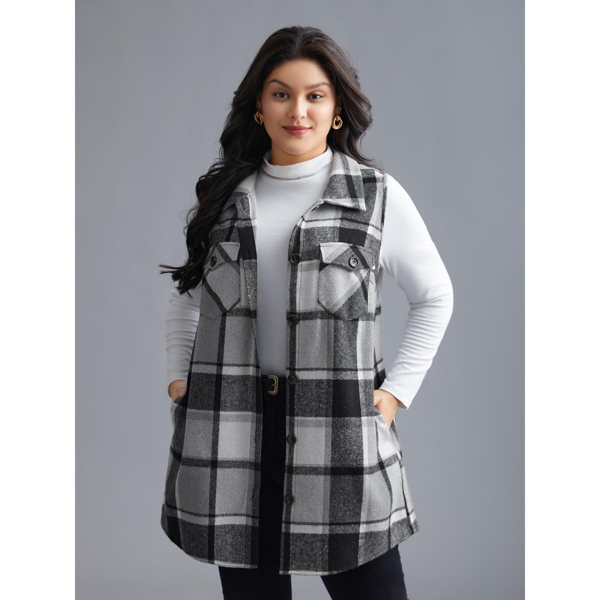 Plus Size Plaid Flap Detail Sleeveless Jacket Women Black Button Side seam pocket Everyday Jackets BloomChic 12/L Product Image