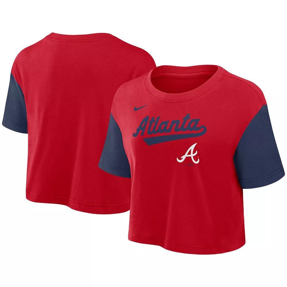 Women's Nike Red/Navy Atlanta Braves Script Cropped Performance T-Shirt, Size: Large Product Image