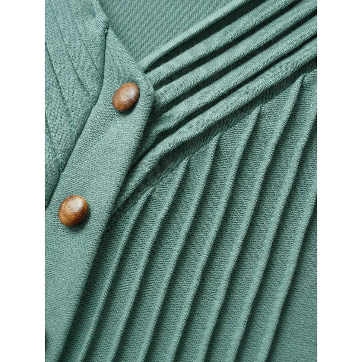 Plus Size V Neck Drawstring Button Detail Pleated Dress Mint Women Casual Pleated V-neck Sleeveless Curvy BloomChic 28/5X Product Image