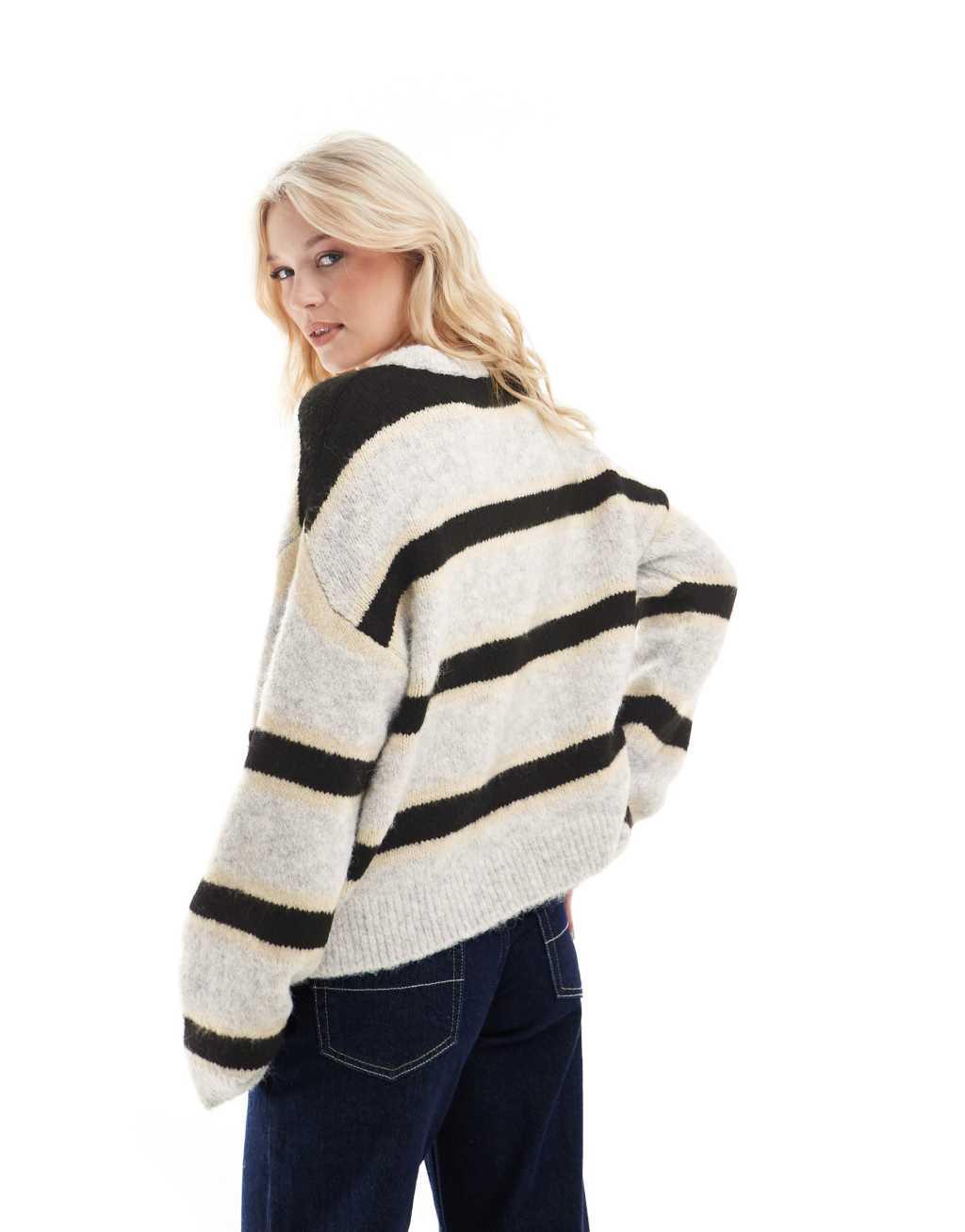 ASOS DESIGN wool blend fluffy knitted sweater in black stripe Product Image