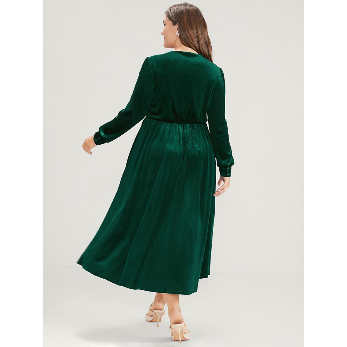 Plus Size Solid V Neck Button Detail Pocket Velvet Dress Green Women Glamour Button V-neck Long Sleeve Curvy Midi Dress BloomChic 30/6X Product Image
