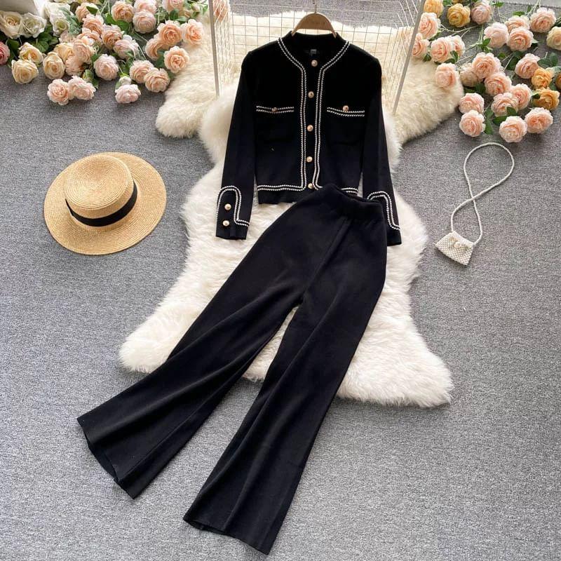 Set: Plain Contrast Trim Cardigan + High Rise Wide Leg Pants Product Image