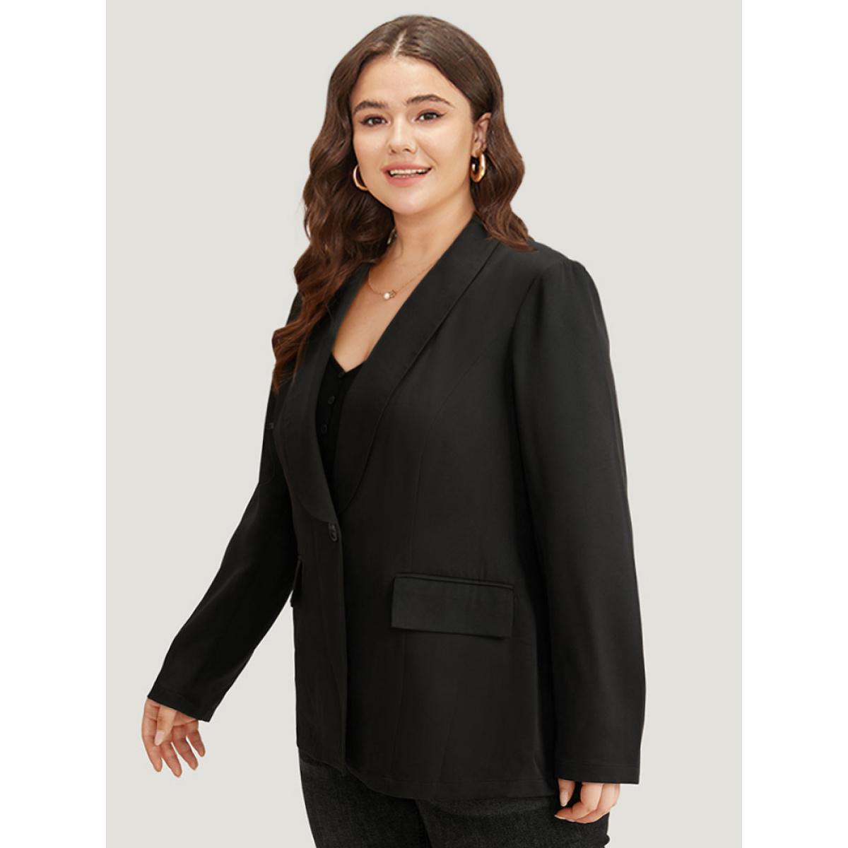 Plus Size Plain Suit Collar Button Up Pocket Blazer Black Women Work Plain Plain Sleeve Long Sleeve Suit Collar 14-16/1X Pocket At the Office Blazers BloomChic Product Image