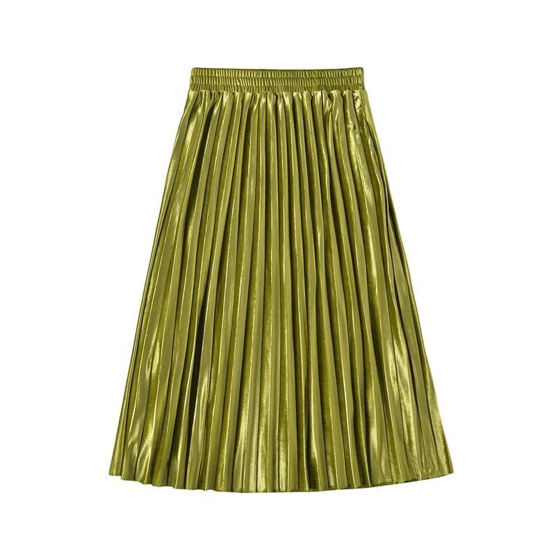 High Waist Plain Accordion Pleated Midi A-Line Skirt Product Image