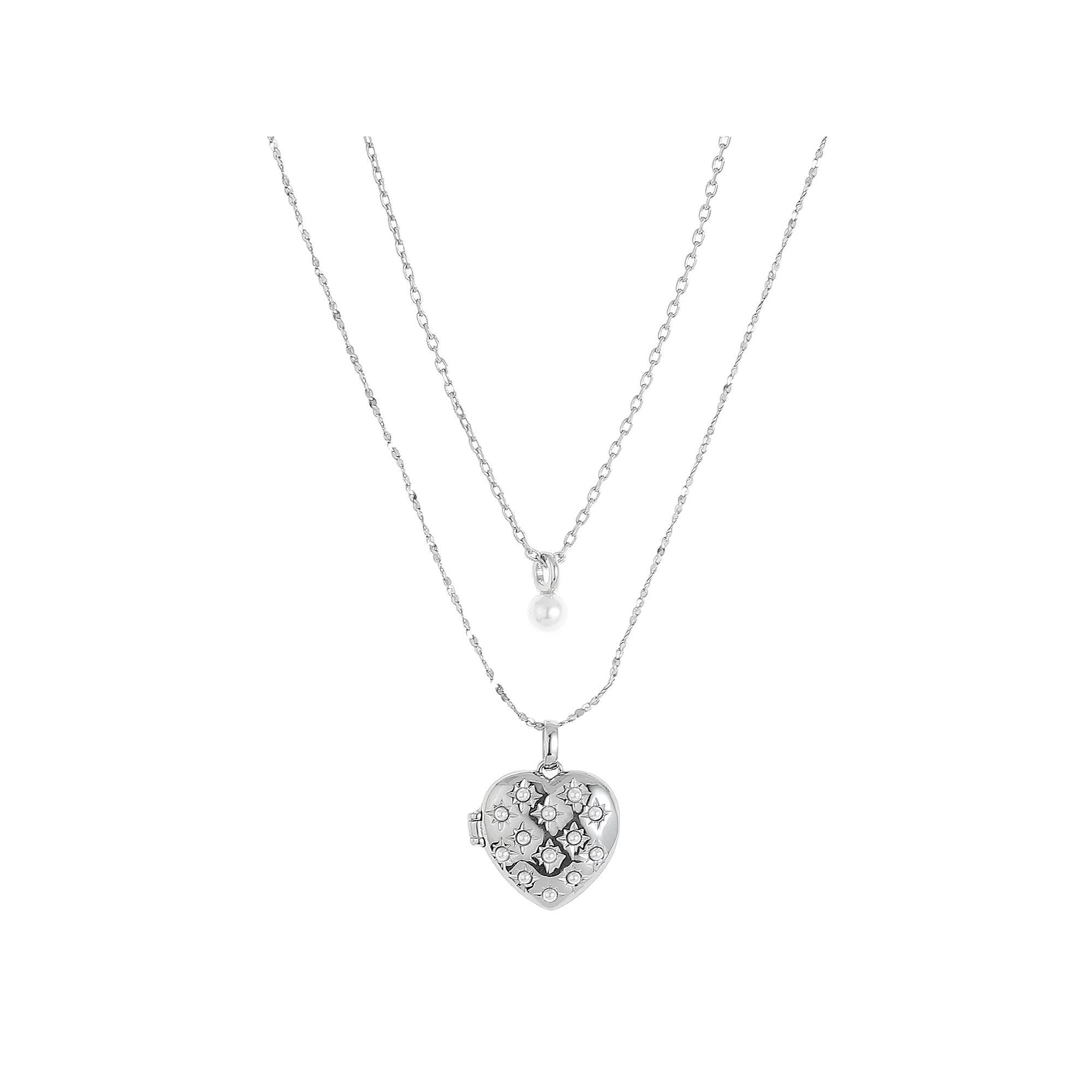 Forever Close 2-pc. Fine Silver Plated Simulated Pearl & Heart Locket Necklace Set, Women's, Size: 16/18", Silver Tone Product Image