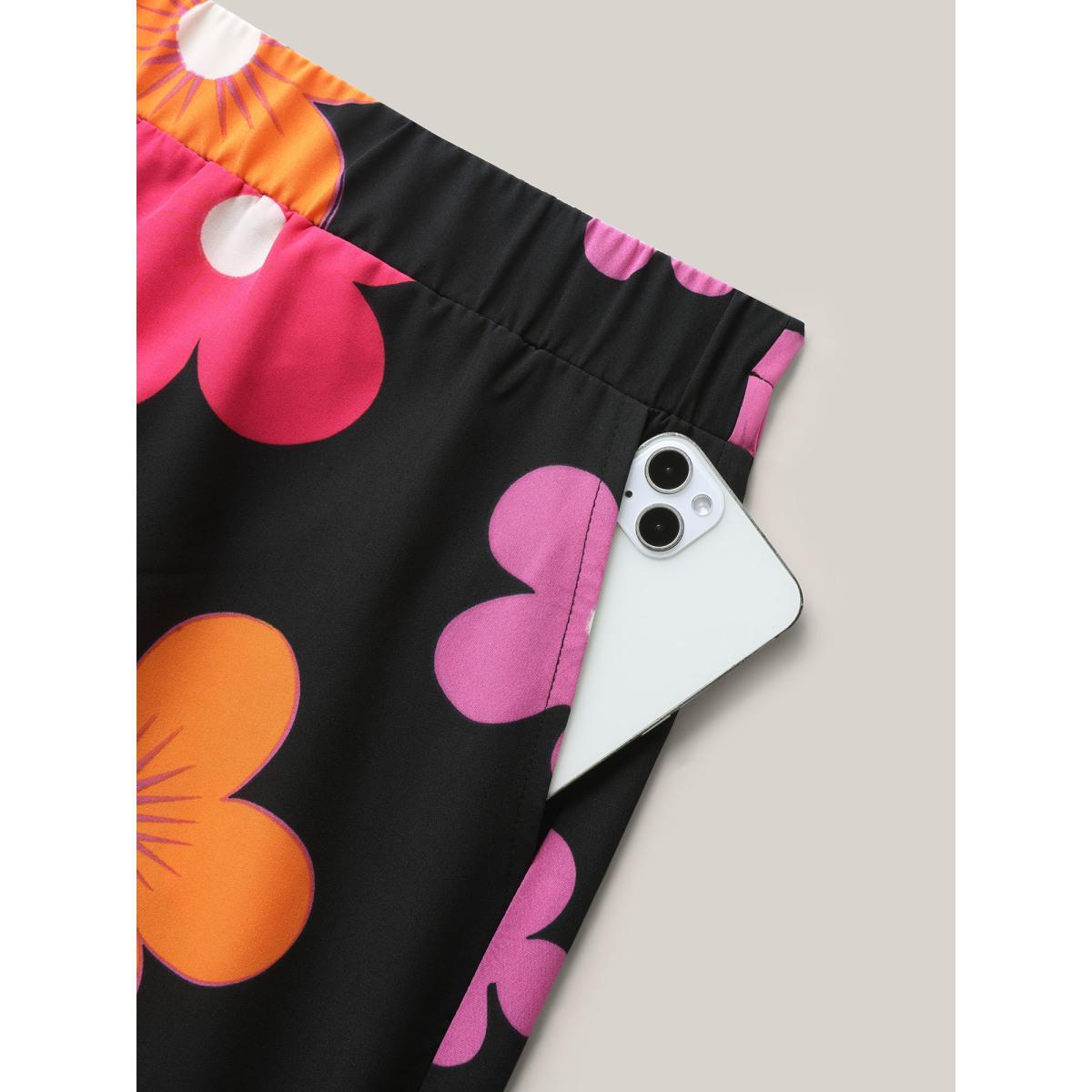 Plus Size Colorful Large Floral Print Wide-Leg Pants Women BlackFlower Elegant Wide Leg Mid Rise Everyday-Elegant Pants BloomChic 18-20/2X Product Image