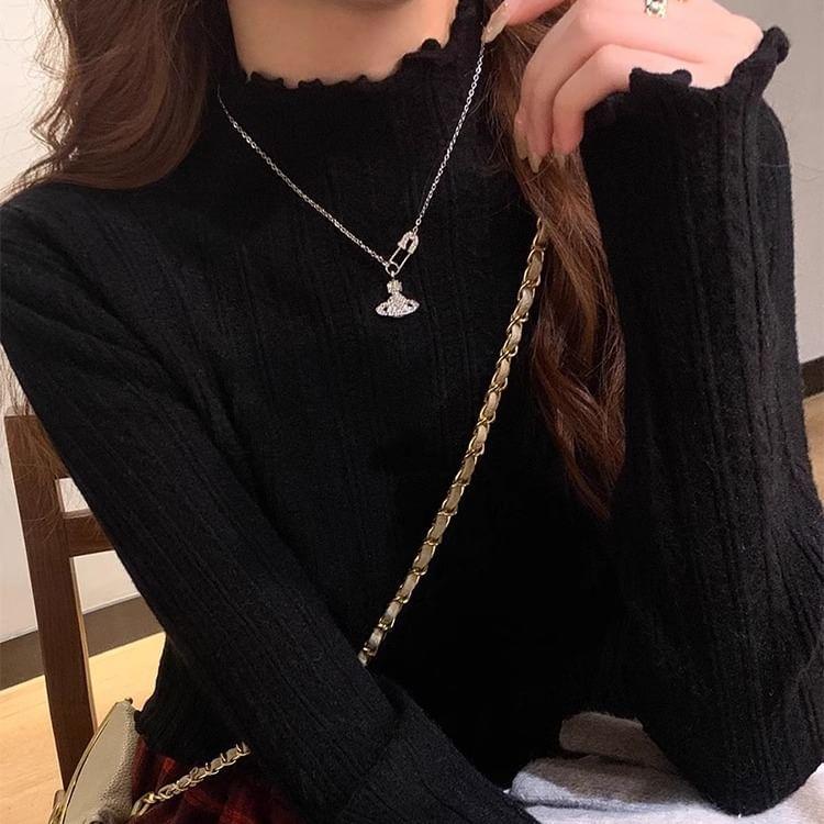 Long Sleeve Mock Neck Plain Frill Knit Top Product Image