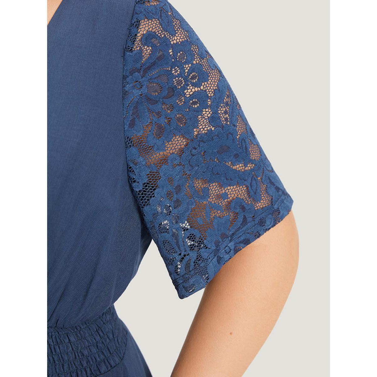 Plus Size Indigo Supersoft Essentials Crochet Lace Mesh Shirred Ruffle Hem Gathered Blouse Women Elegant Short sleeve Square Neck Dailywear Blouses BloomChic 10/M Product Image