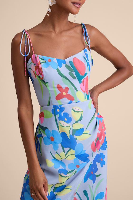 Kristel Blue Floral Print Tie-Strap Midi Dress Product Image