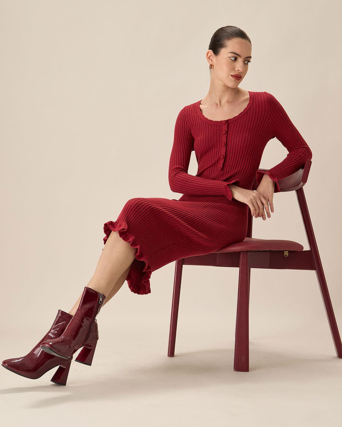 Red Bodycon Bell Sleeve Sweater Dress Product Image