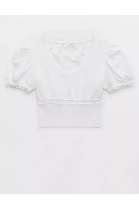 Aerie Cropped Lace Trim V-Neck T-Shirt Women's Product Image