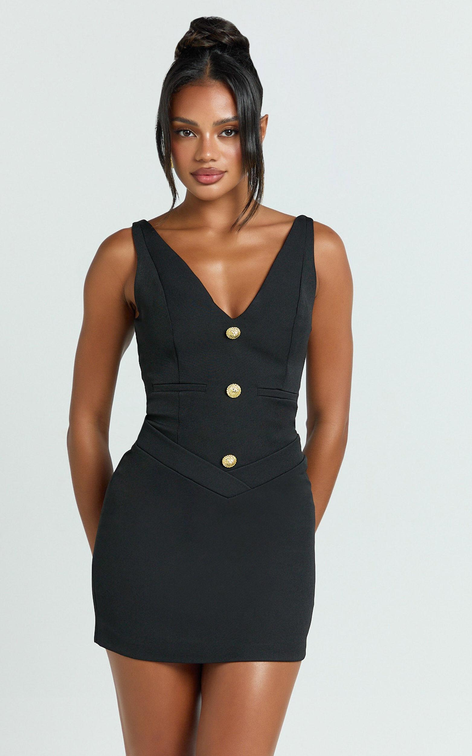 Indigo Mini Dress - Wide Strap Deep V Button Front Dress in Black Product Image