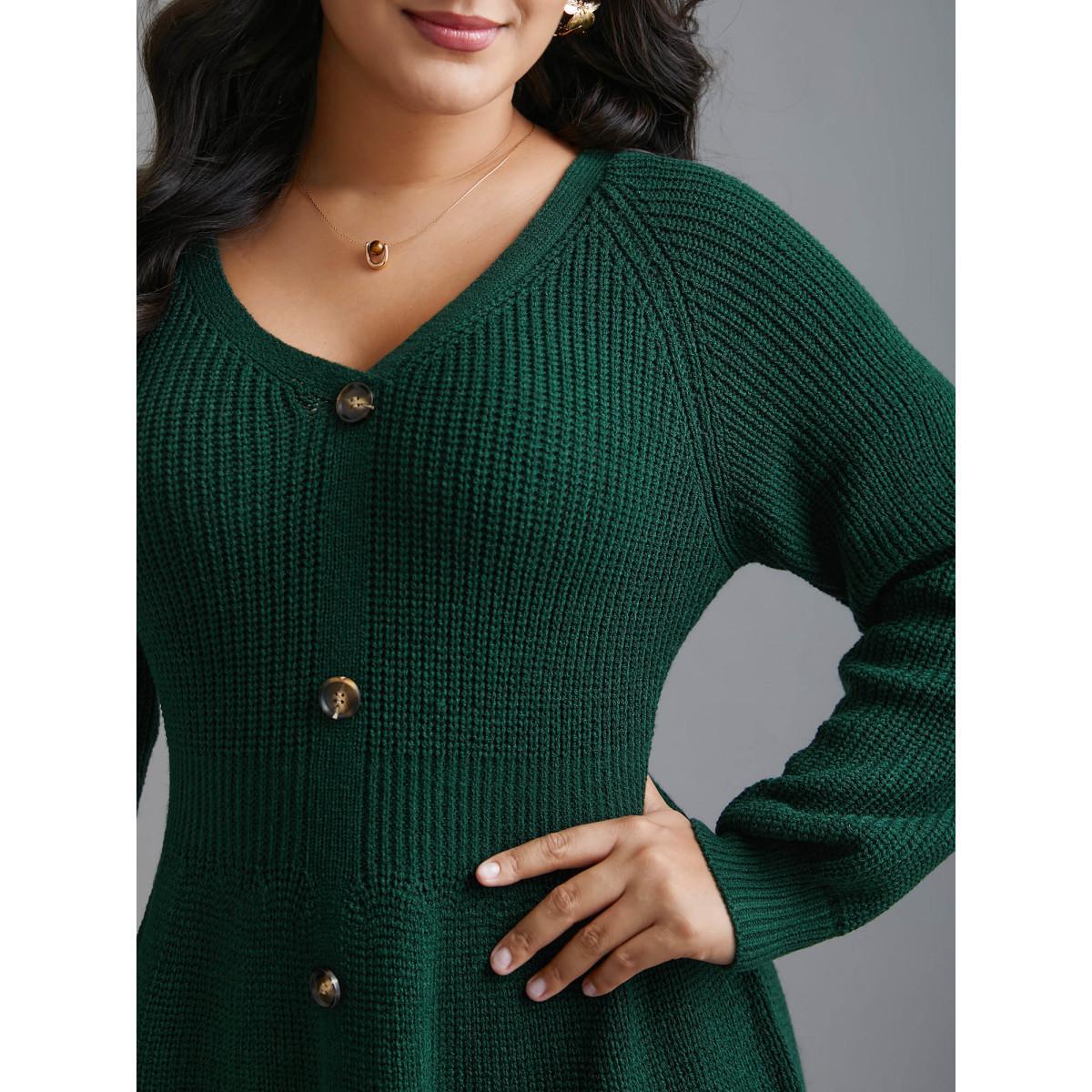 Plus Size Raglan Sleeve Textured Button Detailing Dress DarkGreen Women Elegant Bodycon Long Sleeve Everyday Sweater Dresses BloomChic 10/M Product Image