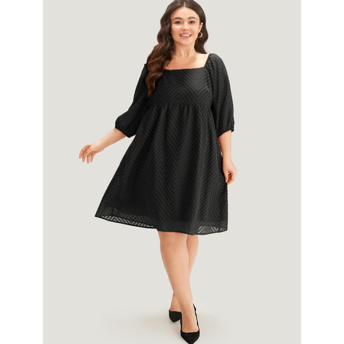Plus Size Plisse Solid Square Neck Lantern Sleeve Dress Black Women Office Lined Square Neck Half Sleeve Curvy Midi Dress BloomChic 18-20/2X Product Image