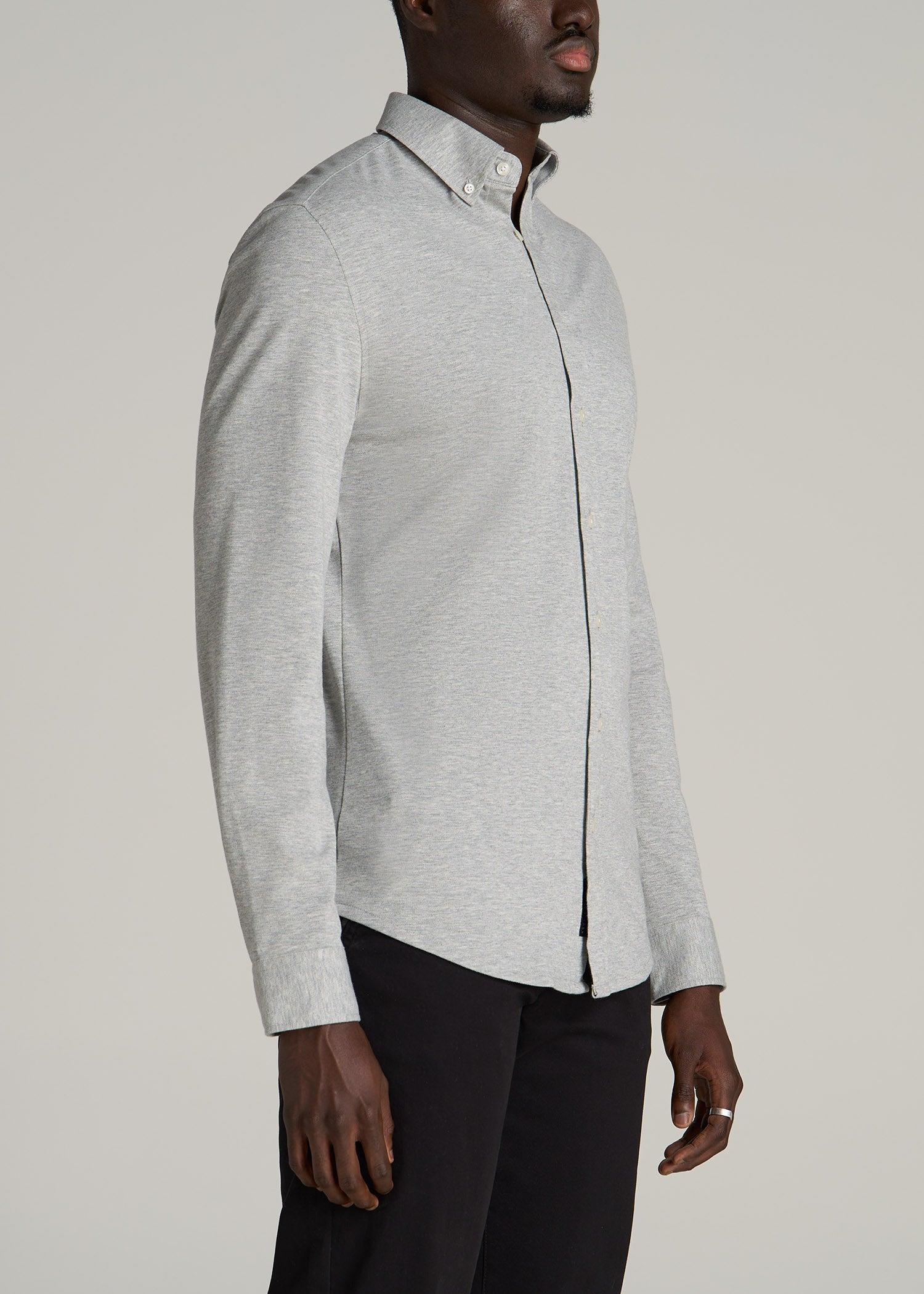 Stretch Knit Oxford Button Shirt for Tall Men in Ash Grey Product Image