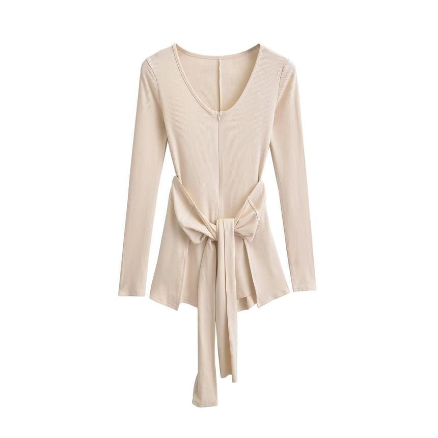 Set: Long-Sleeve V-Neck Plain Ribbed Half-Zip Romper + Mini Wrap Skirt Product Image