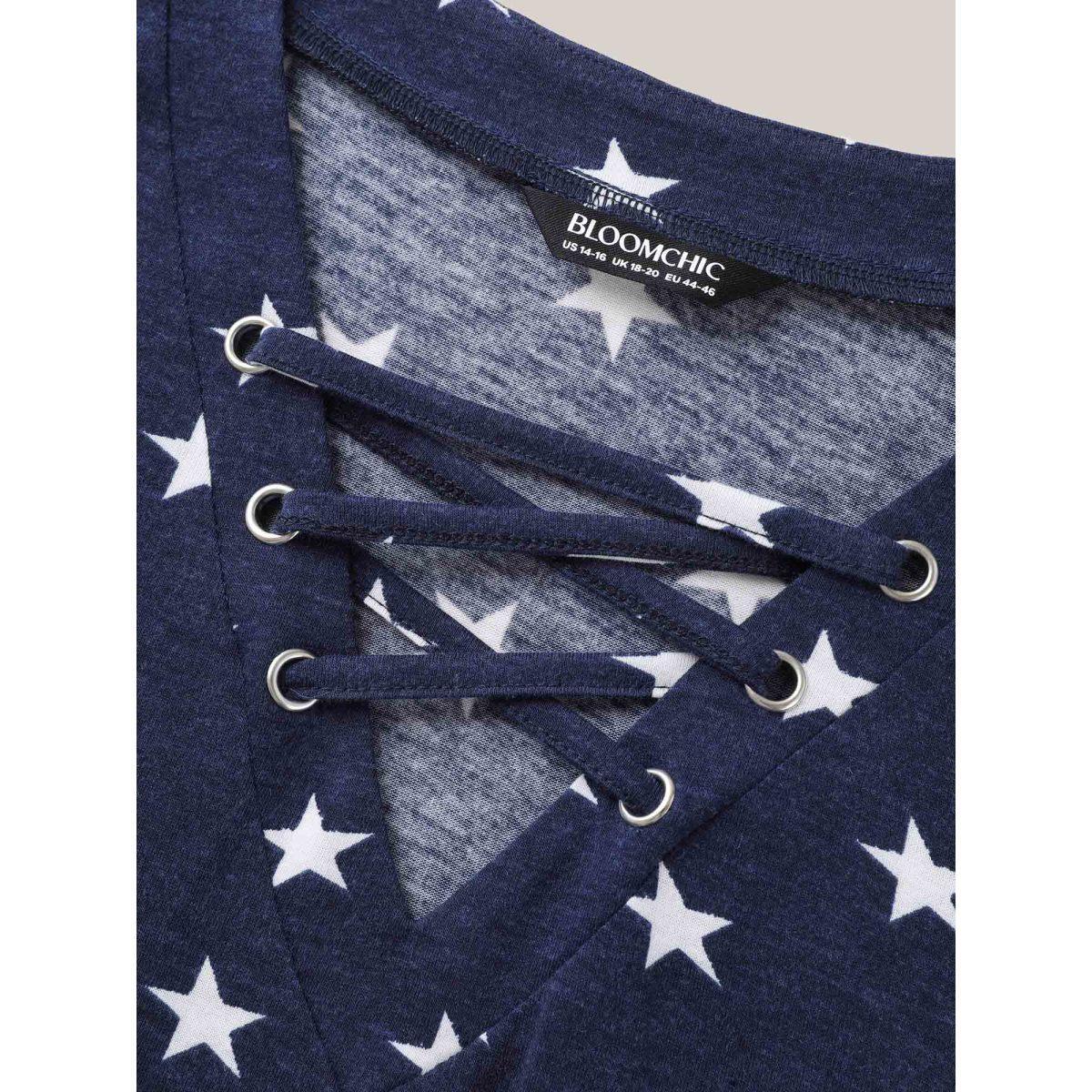 Plus Size Star Print Crisscross Neck Tie T-Shirt Navy Women Eyelet V-neck Everyday-Casual T-shirts BloomChic 28/5X Product Image