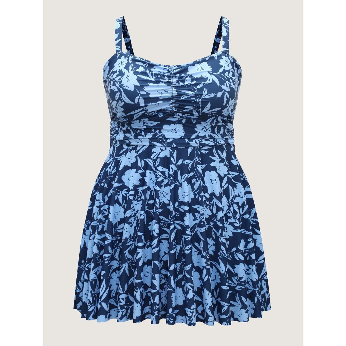 Plus Size Floral Fit and Flare Swim Dress Women's Swimwear Mediumblue Beach Bodycon Heart neckline High stretch Curve Swim Dresses BloomChic 22-24/3X Product Image
