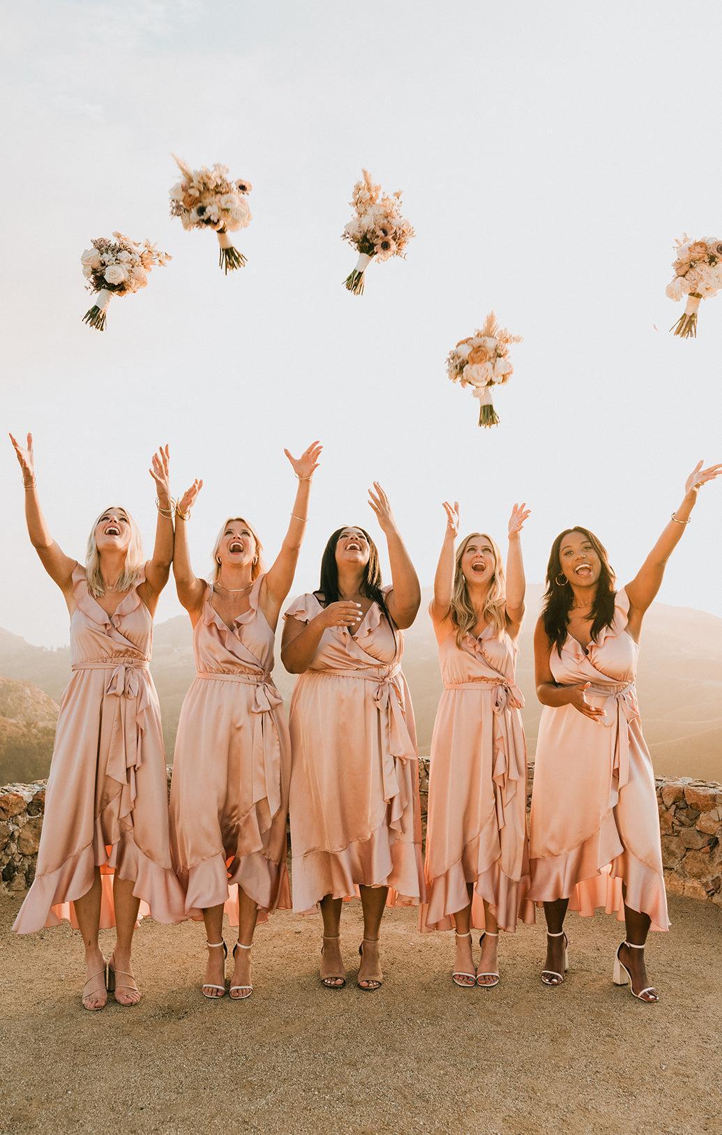 Samantha Ruffle Wrap Dress ~ Rose Gold Luxe Satin Product Image