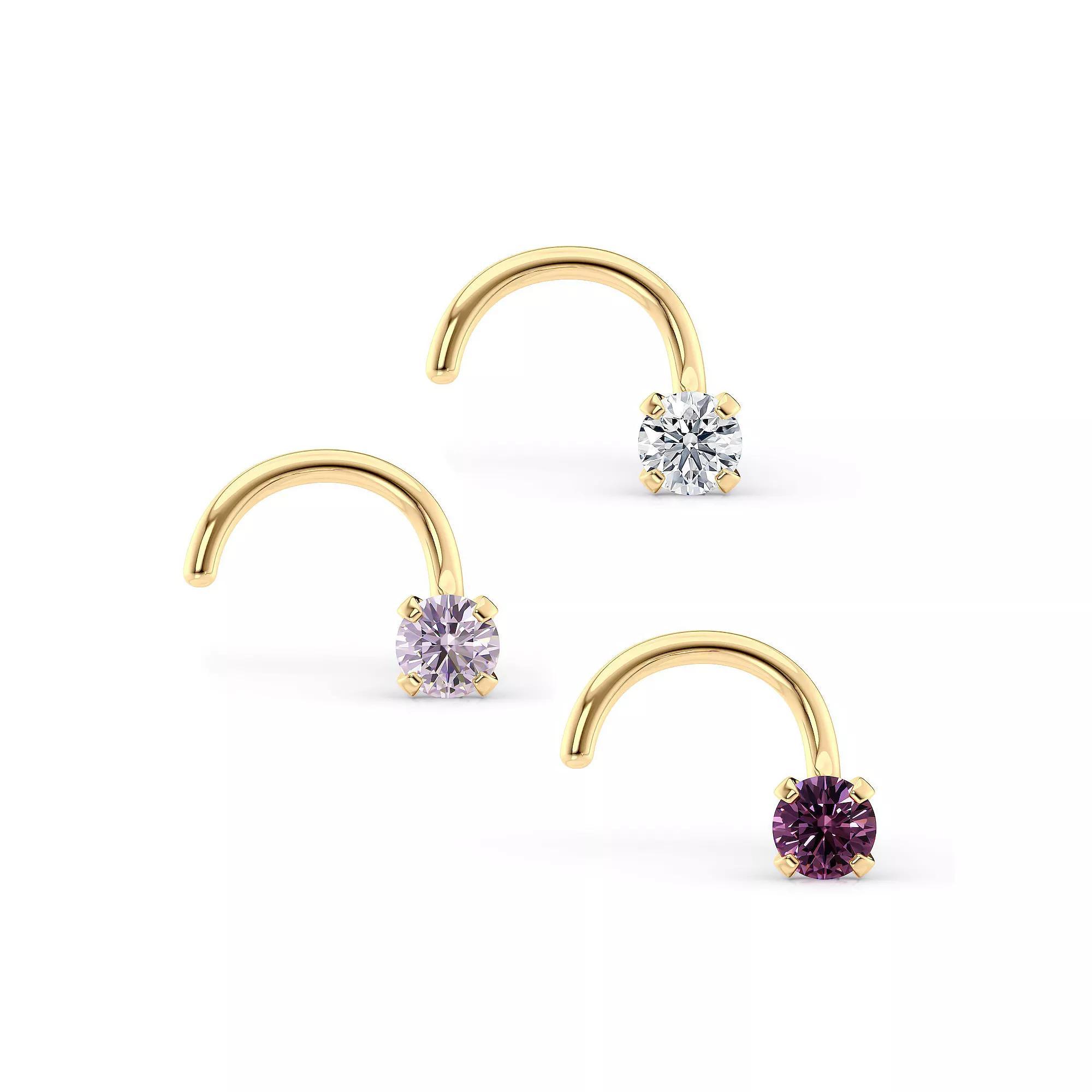 Lila Moon 14k Gold Purple & White Cubic Zirconia Curved Nose Studs Trio, Women's Product Image
