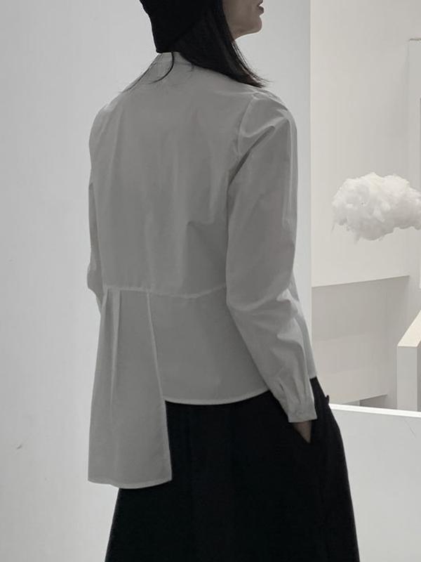Long Sleeves Asymmetric Buttoned Pleated Solid Color Round-Neck Blouses&Shirts Tops Product Image