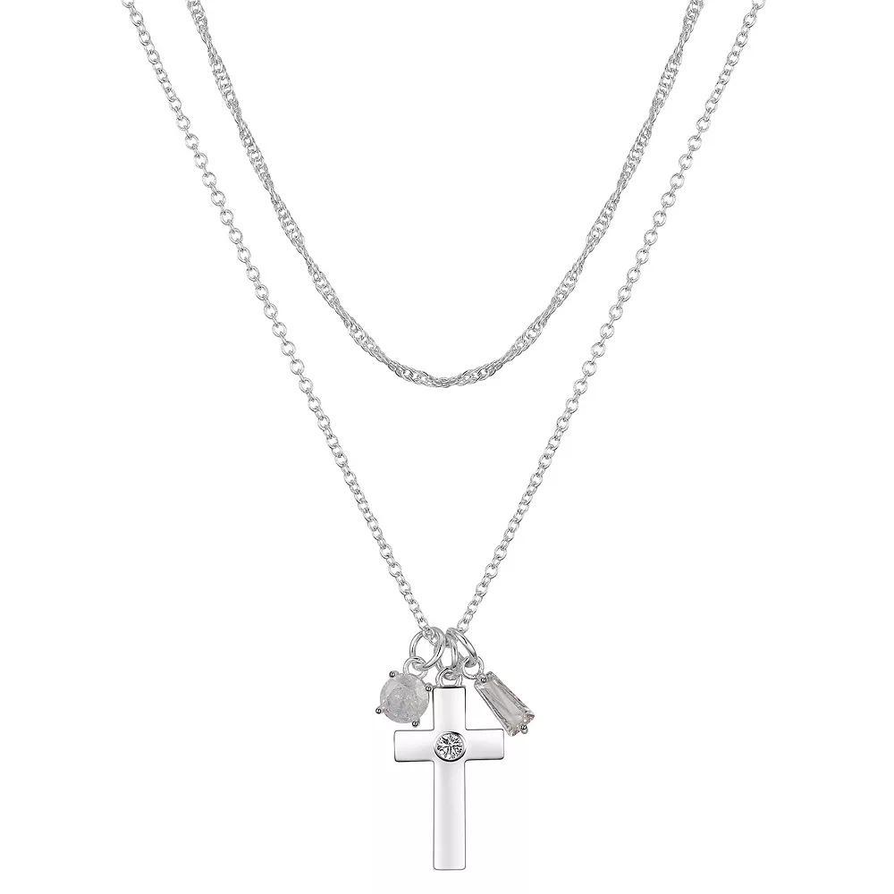Gratitude & Grace Fine Silver Plated Cubic Zirconia Cross, Round Stone, & Baguette Charms Pendant Necklace & Chain Necklace Set, Women's, Size: 20", Silver Tone Product Image