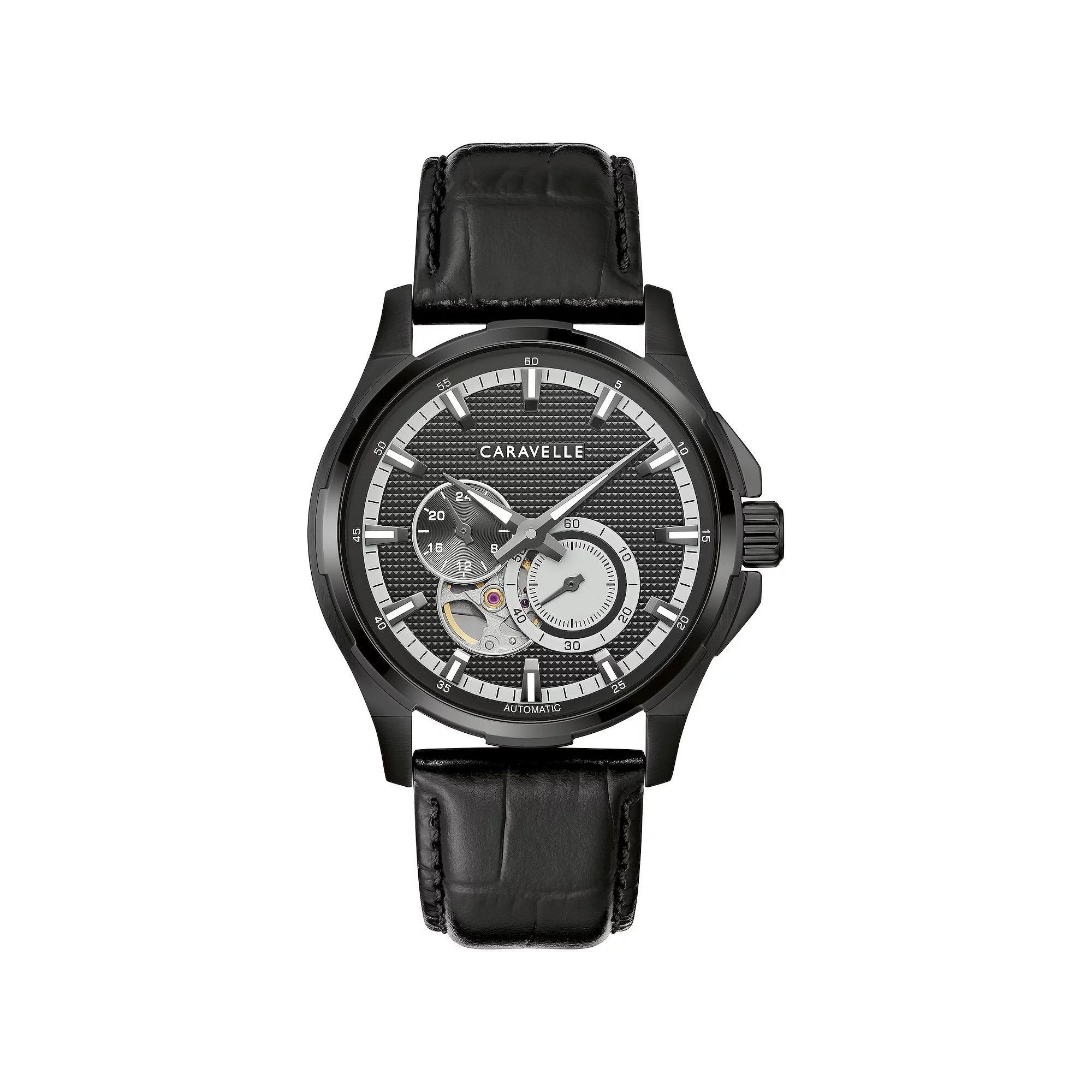 Caravelle Mens Automatic Black Ion-Plated Stainless Steel Leather Strap Watch Product Image
