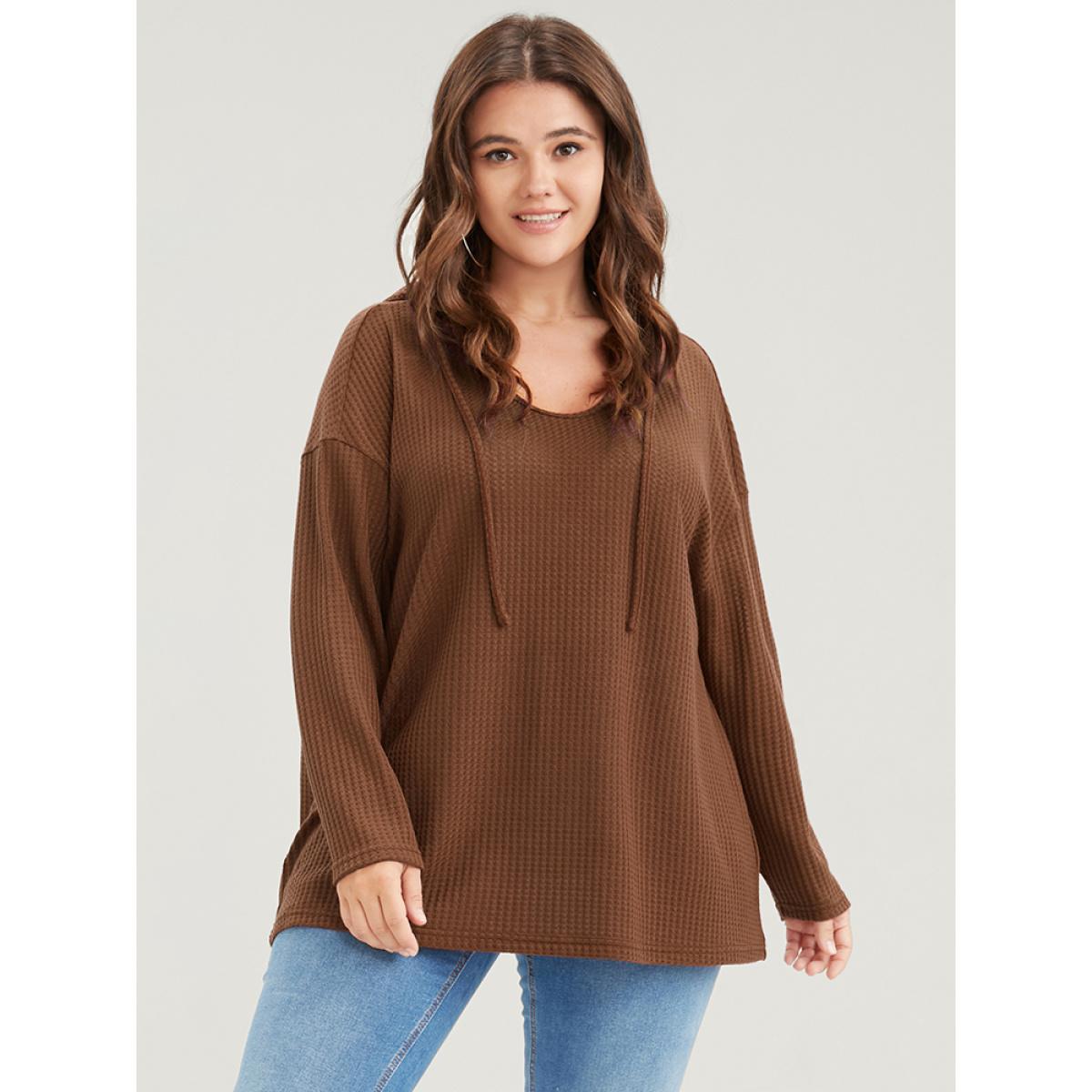 Plus Size Plain Ties Waffle Knit Hooded Sweatshirt Women Chocolate Casual Plain Hooded Dailywear Sweatshirts BloomChic 30/6X Product Image