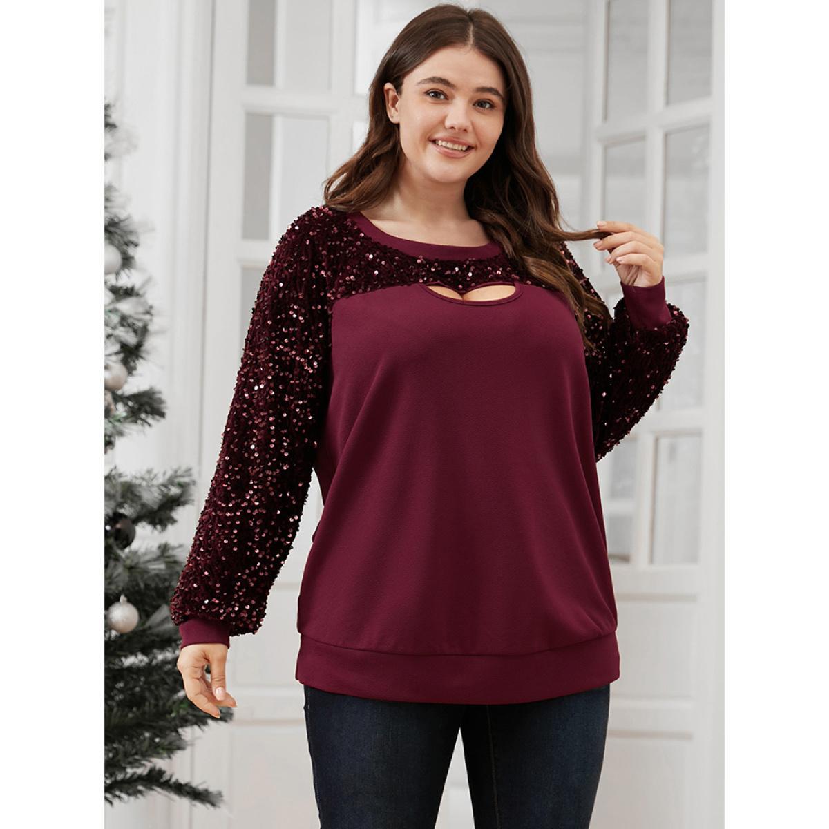 Plus Size Solid Patchwork Cut Out Sequin Sweatshirt Women Scarlet Party Patchwork Keyhole Cut-Out Going out Sweatshirts BloomChic 10/M Product Image