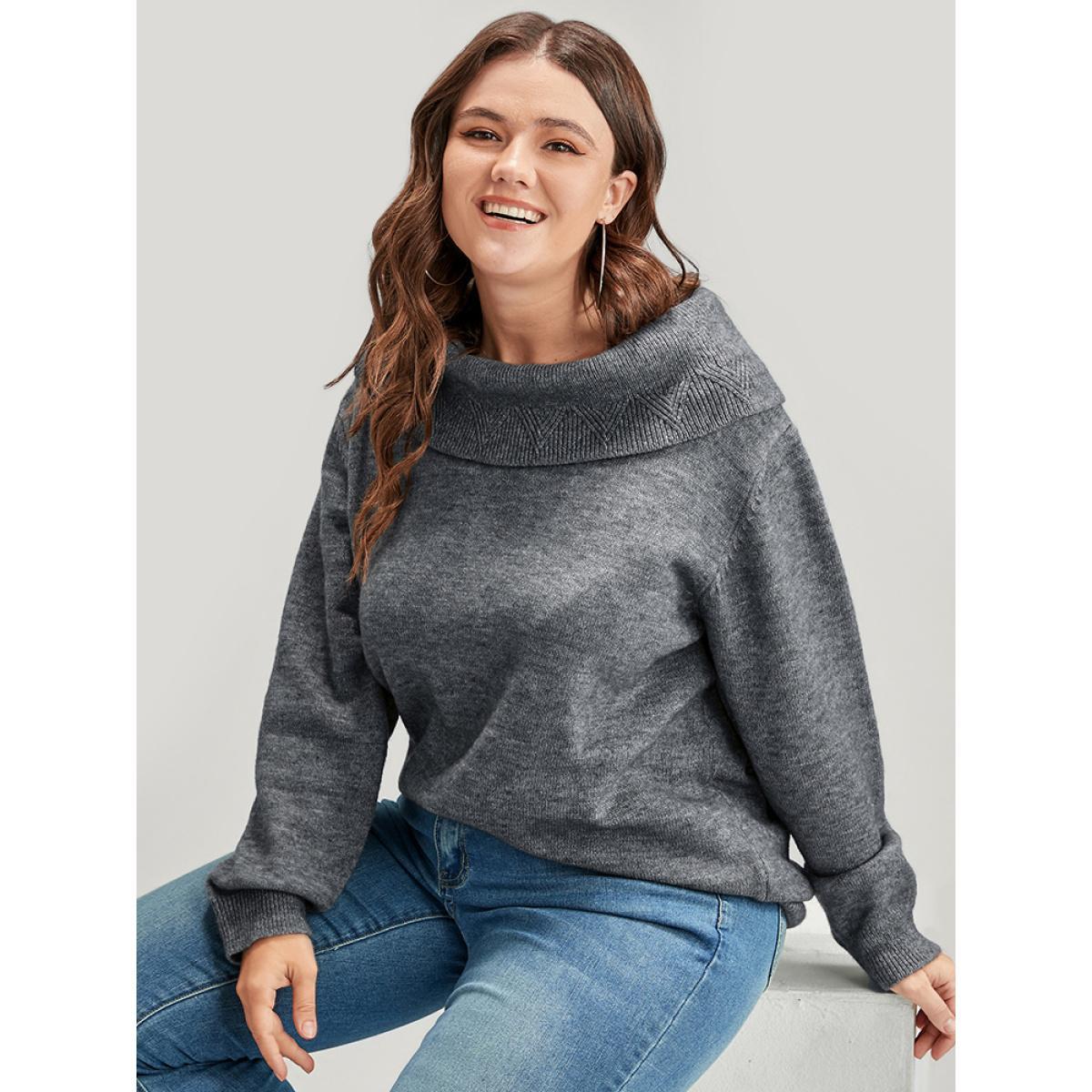Plus Size Solid Pointelle Knit Foldover Off Shoulder Knit Top Gray Women Elegant Long Sleeve One-shoulder neck Dailywear Pullovers BloomChic 12/L Product Image