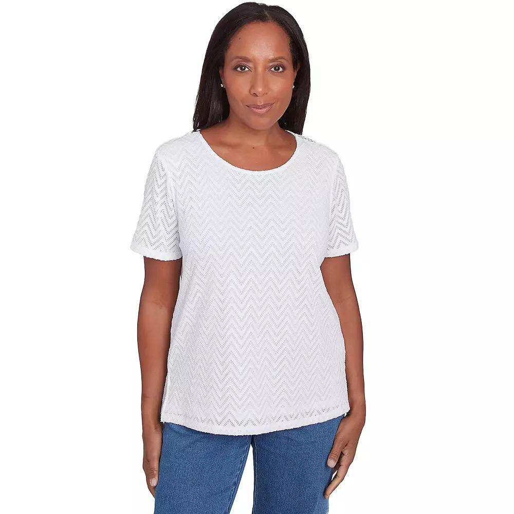 Women's Alfred Dunner Textured Chevron Lace Back Tee, Size: Small, White Product Image
