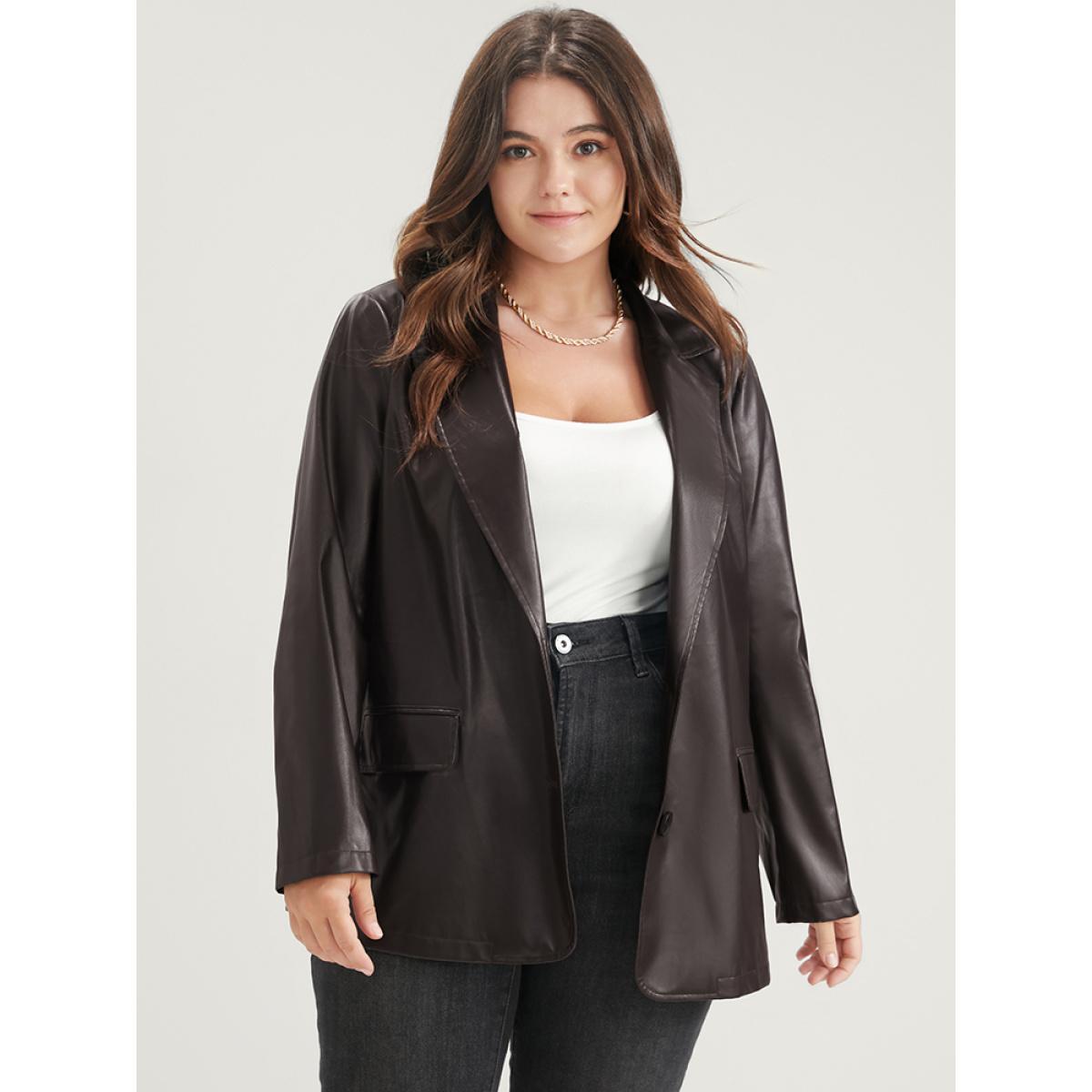 Plus Size PU Leather Suit Collar Pocket Blazer DarkBrown Women Work Plain Pocket Sleeve Long Sleeve Suit Collar 18-20/2X Pocket Glamour Blazers BloomChic Product Image