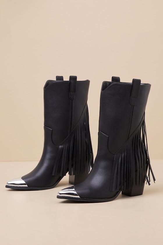 Toleson Black Fringe Pointed-Toe Mid-Calf Western Boots Product Image