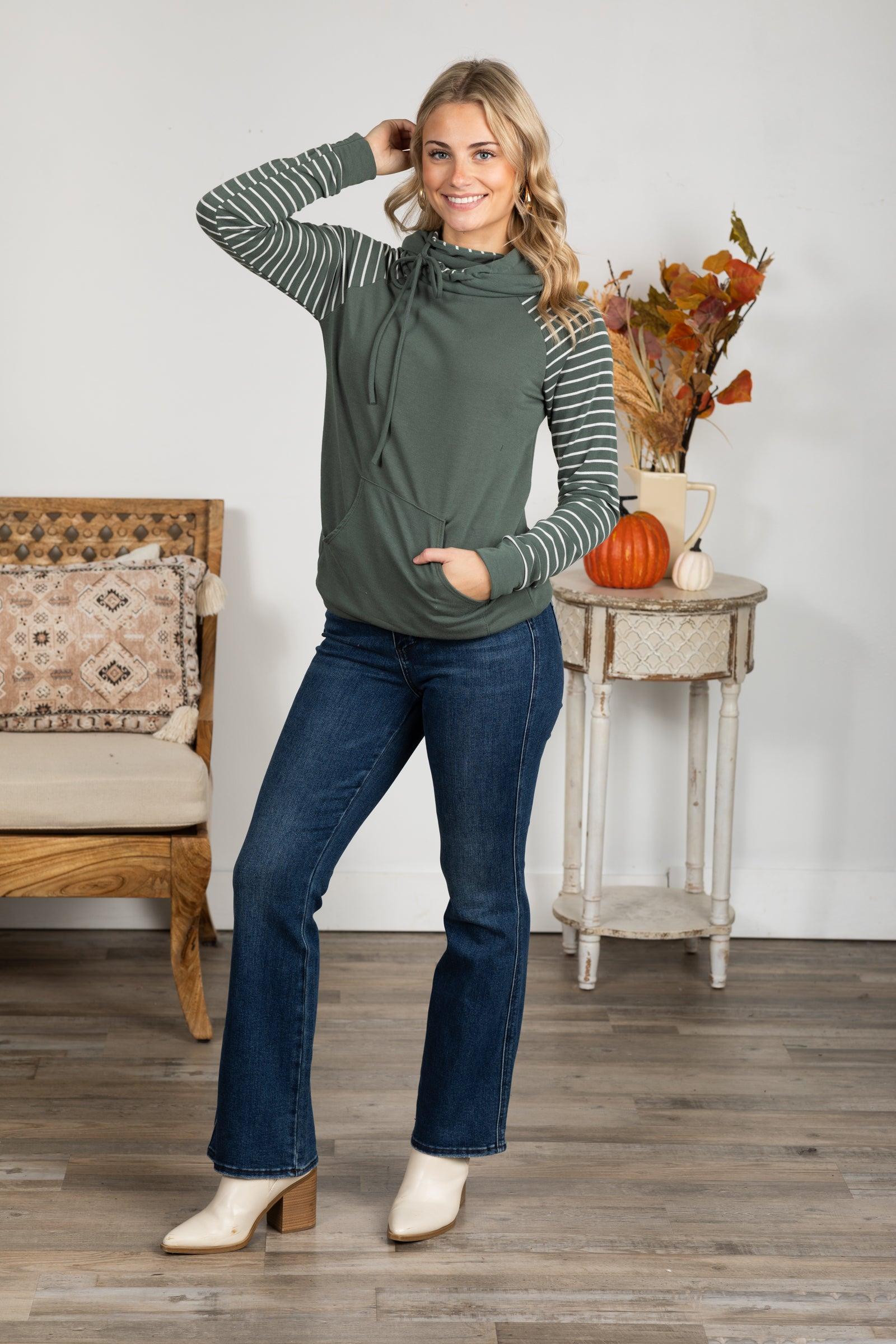 Dusty Olive Stripe Contrast Drawstring Hoodie Product Image