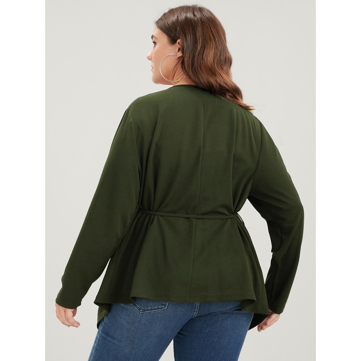 Plus Size Plain Asymmetrical Hem Waterfall Collar Ties Coat Women ArmyGreen Elegant Belted Loose Ladies Dailywear Winter Coats BloomChic 12/L Product Image