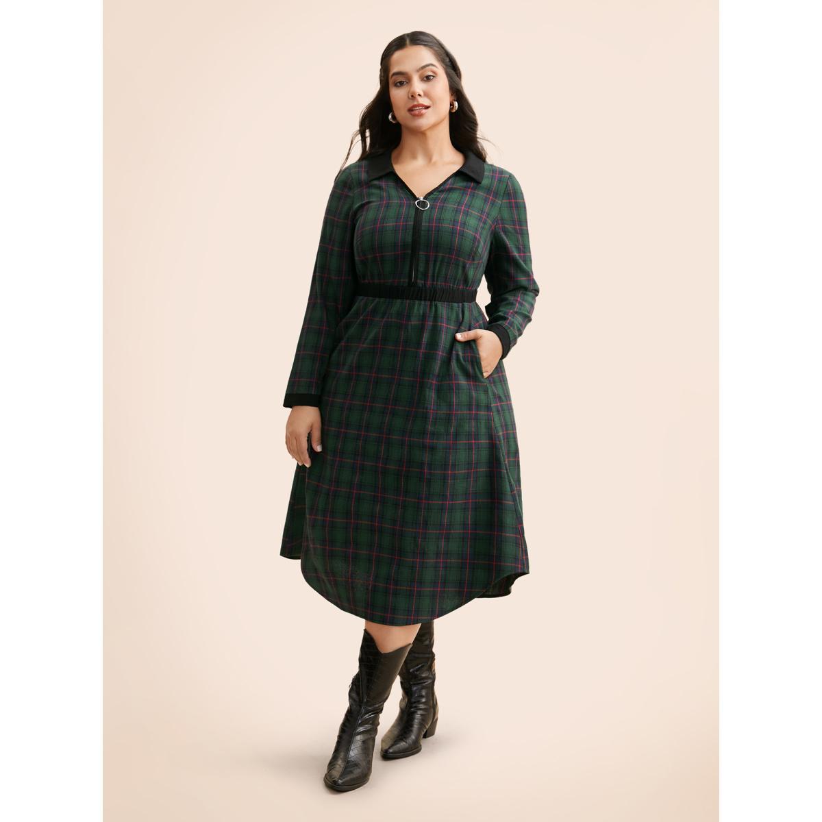 Plus Size Contrast Plaid O Ring Zipper Dress Emerald Women At the Office Contrast Shirt collar Long Sleeve Curvy BloomChic 18-20/2X Product Image