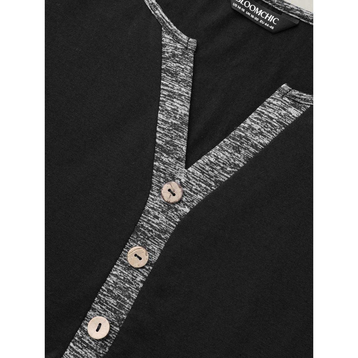 Plus Size Heather Patchwork Button Detail Stretchy T-Shirt Black Women Casual Contrast Flat collar with V-notch Everyday T-shirts BloomChic 26/4X Product Image