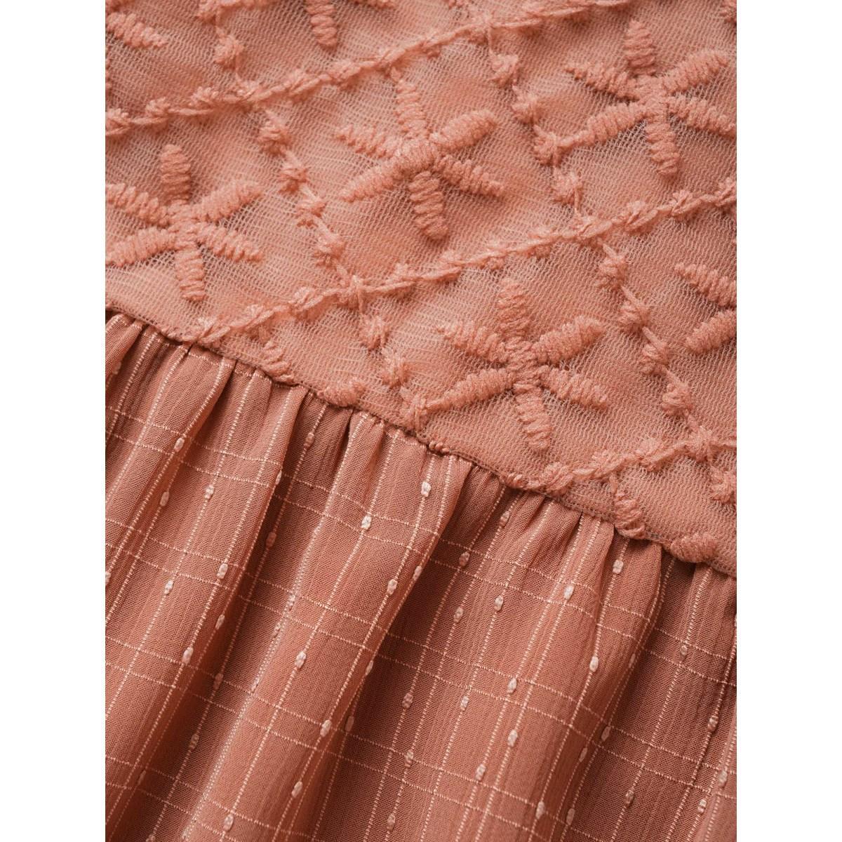 Plus Size Coral Solid Notched Lace Panel Bell Sleeve Blouse Women Resort Elbow-length sleeve Flat collar with V-notch Vacation Blouses BloomChic 10/M Product Image
