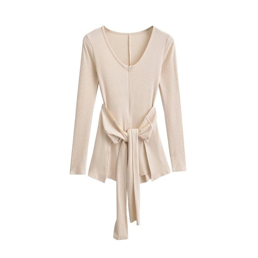 Set: Long-Sleeve V-Neck Plain Ribbed Half-Zip Romper + Mini Wrap Skirt Product Image