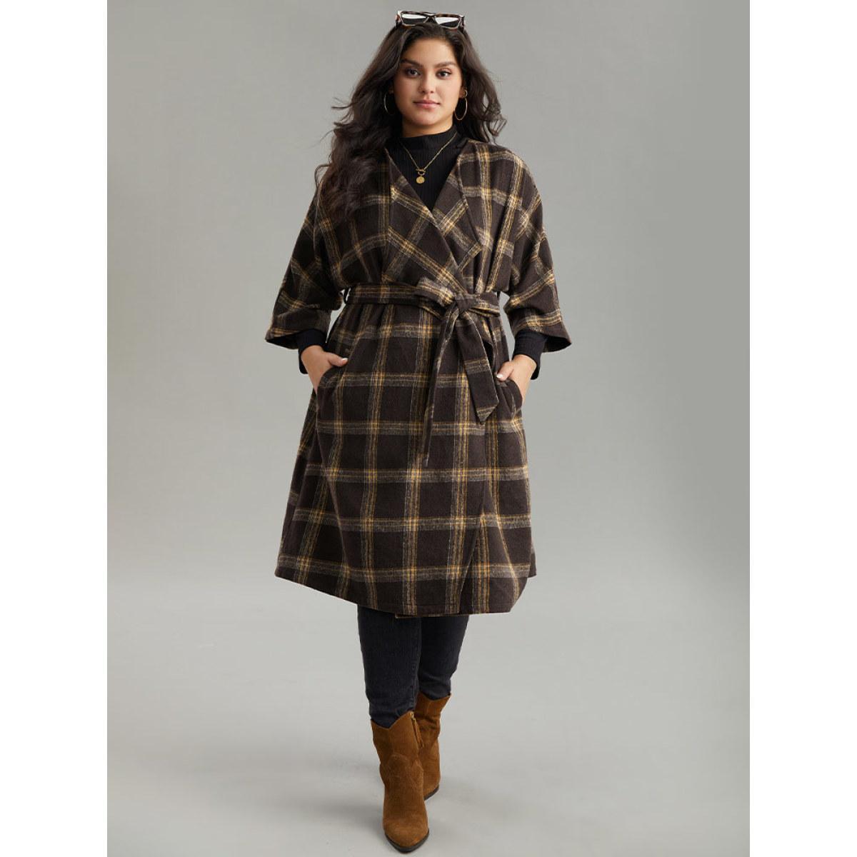 Plus Size Plaid Asymmetrical Neck Dolman Sleeve Belted Coat Women DarkBrown Elegant Belted Ladies Dailywear Winter Coats BloomChic 14-16/1X Product Image
