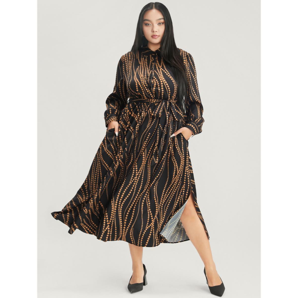 Plus Size Polka Dot Pocket Button Detail Belted Shirt Collar Dress Black Women Office Pocket Shirt collar Long Sleeve Curvy Midi Dress BloomChic 18-20/2X Product Image