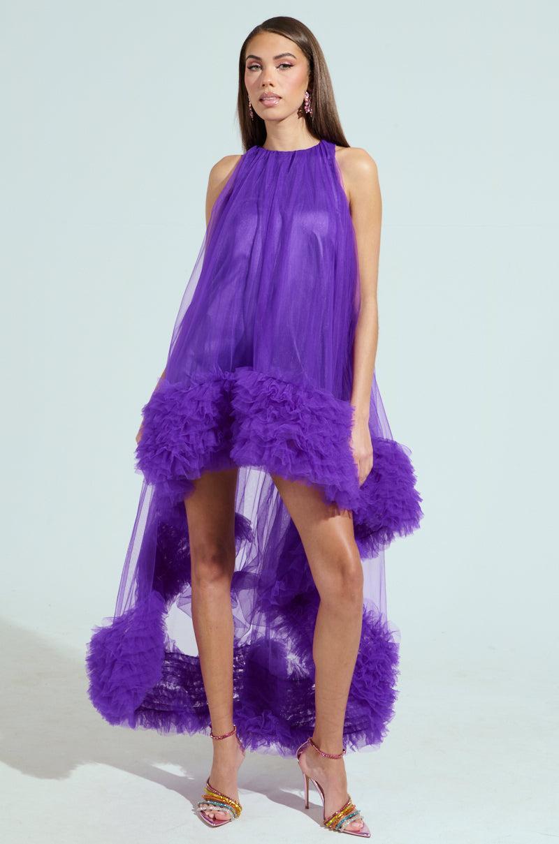 ARI TULLE RUFFLE HIGH LOW DRESS IN PURPLE Product Image