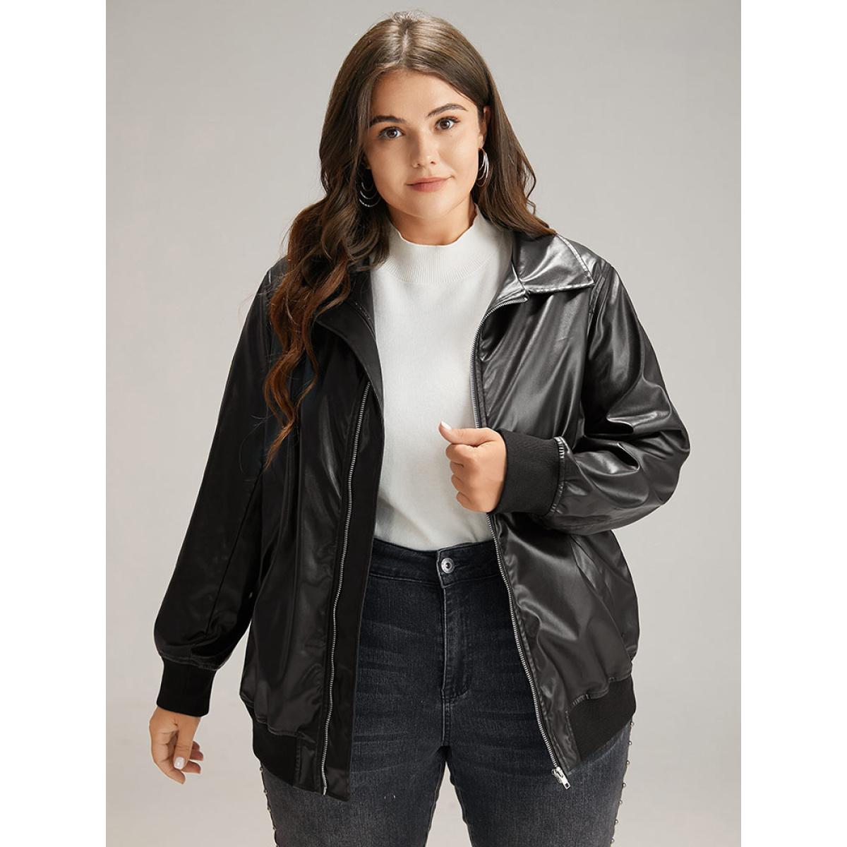 Plus Size Plain Zipper Fly Rib Knit Patchwork Jacket Women Black Elastic cuffs Pocket Dailywear Jackets BloomChic 28/5X Product Image