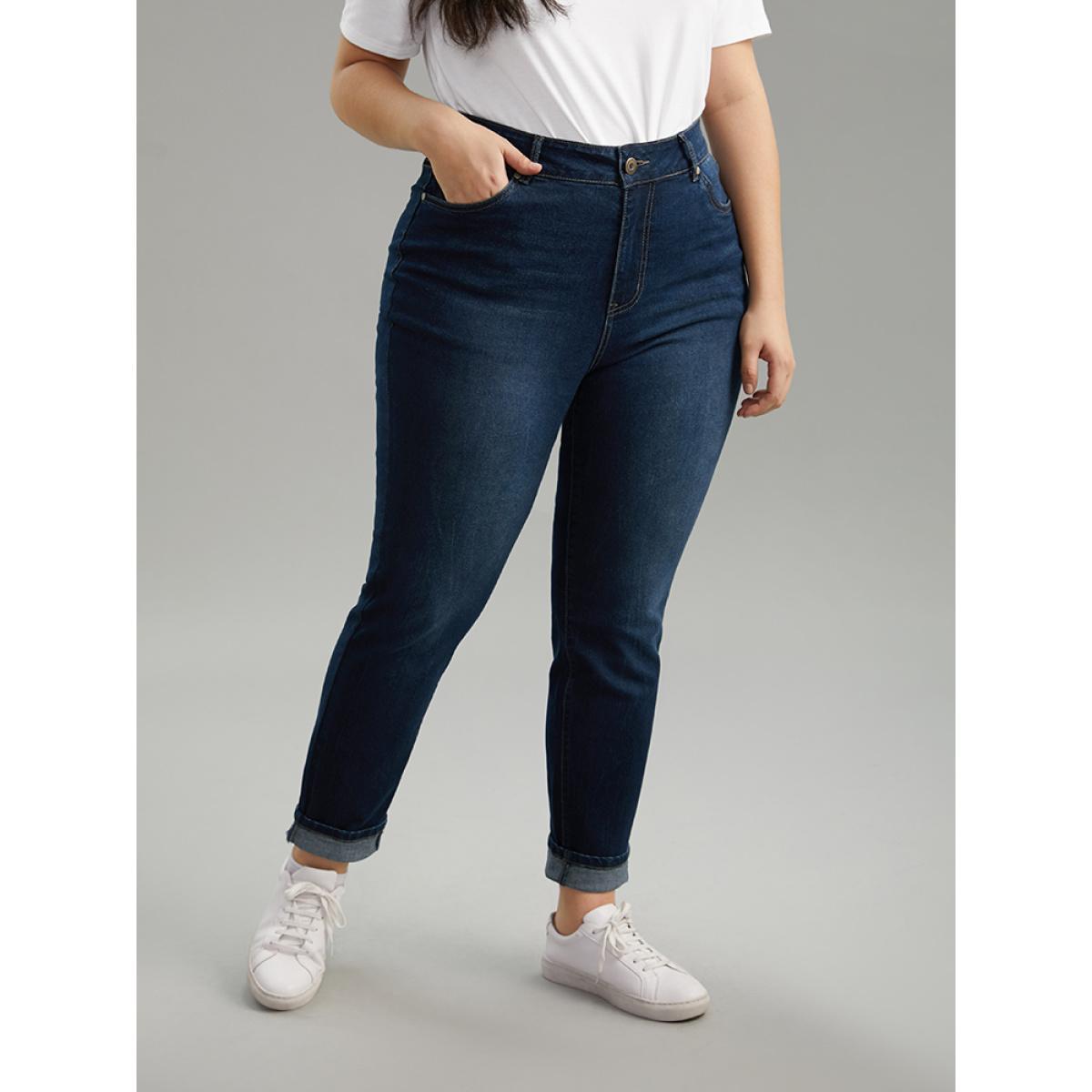 Plus Size Cutoff Roll Hem Full Length Jeans Women DarkBlue Casual Plain Plain High stretch Pocket Jeans BloomChic 16/1X Product Image