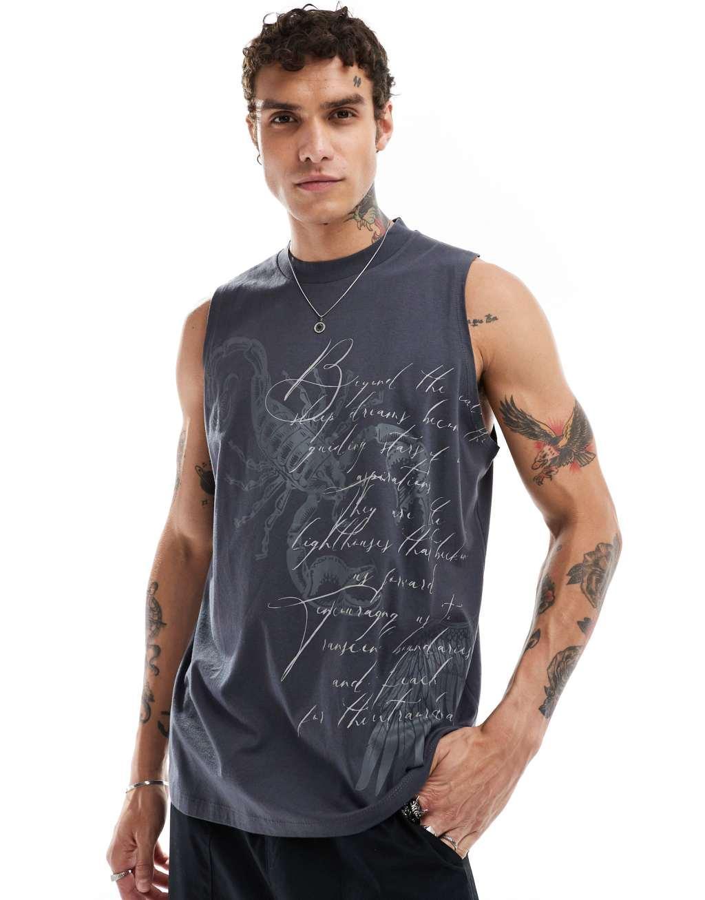 ASOS DESIGN relaxed tank top in black with grunge all over print Product Image